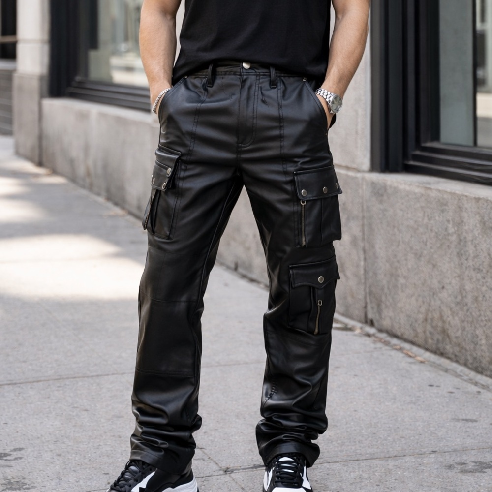 First Row men’s stacked black faux leather pants multiple leg pockets size 30X35